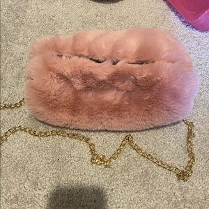 Pink Faux Fur Clutch with Gold Chain NWOT